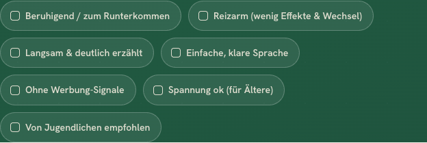 Bedürfnis-Chips im Medienfinder: auswählbare Kärtchen wie „Beruhigend / zum Runterkommen